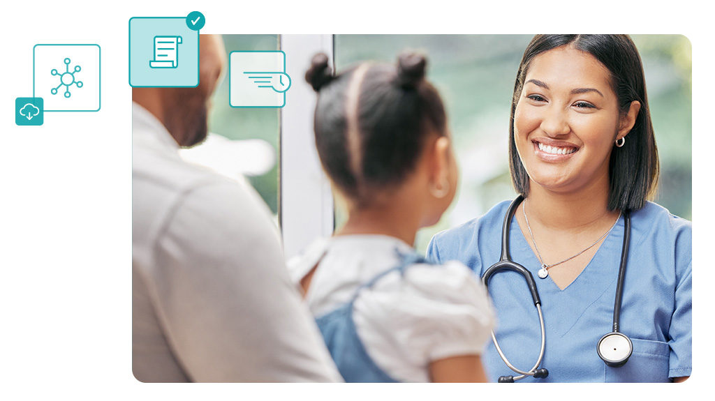 Stylized image showing a doctor seeing a young patient