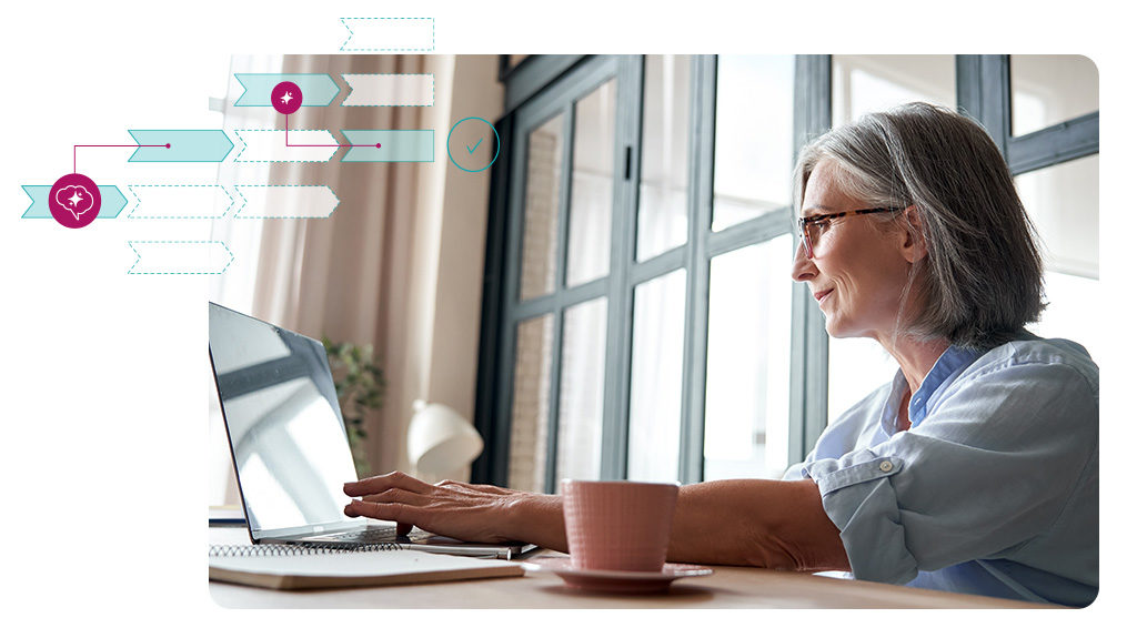 Stylized image showing a older woman looking at information on her laptop