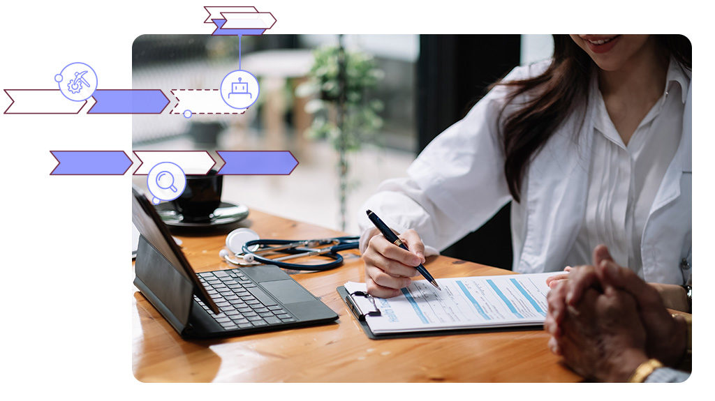 Stylized image of healthcare worker reviewing information on a clipboard and tablet