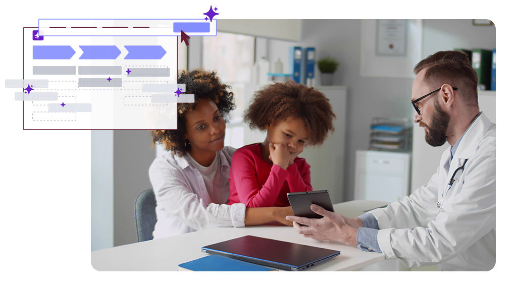 Stylized image of a doctor reviewing information with a patient and their relative