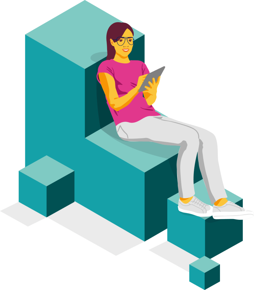 Stylized illustration depicting a woman working on a tablet