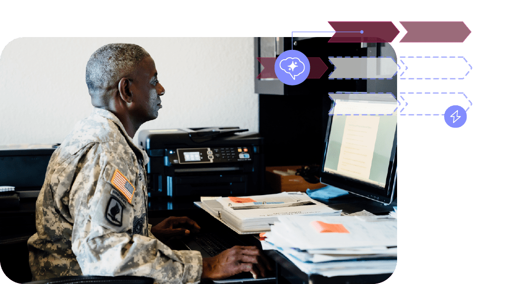 Stylized stock image of a member of the armed forces working on a computer