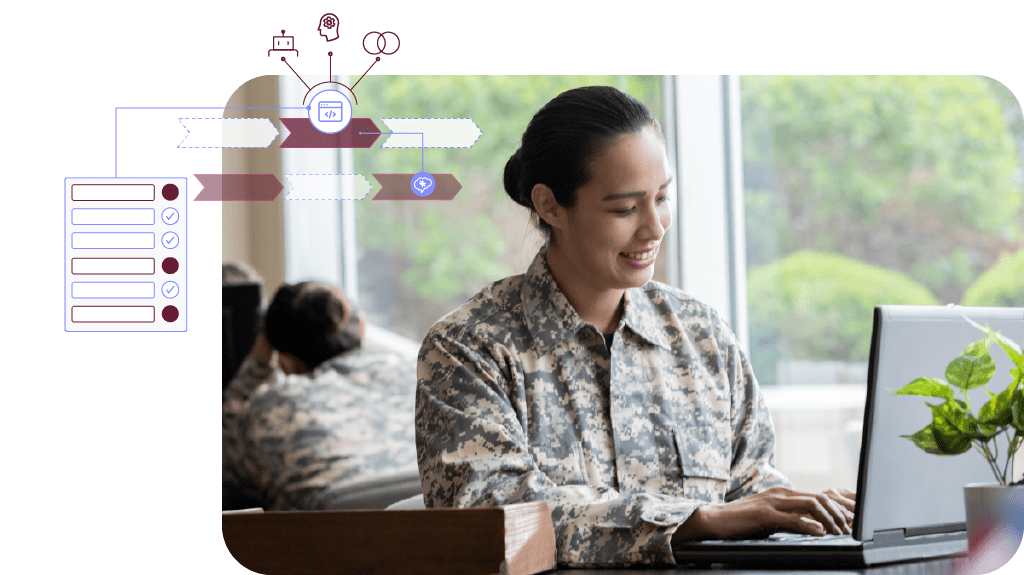 Stylized stock image of a female member of the armed forces working on a laptop