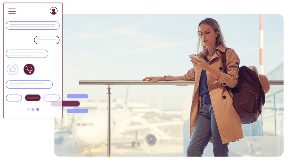 Stylized image of a woman at an airport receiving messages on her phone