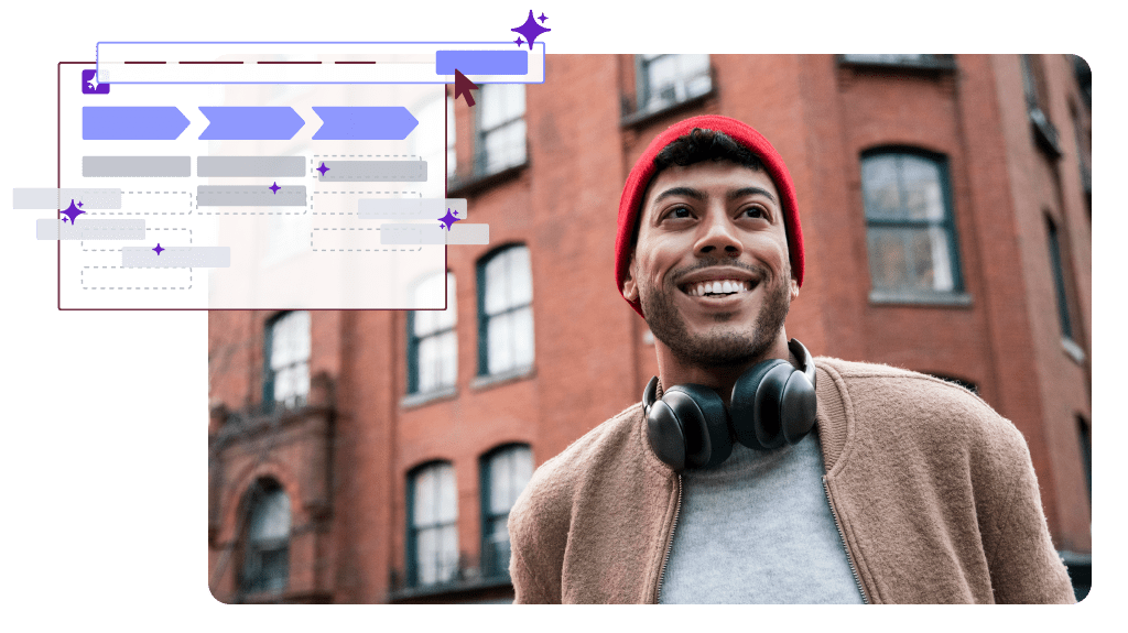 Stylized stock image of a man who his personalized guest services displayed behind him