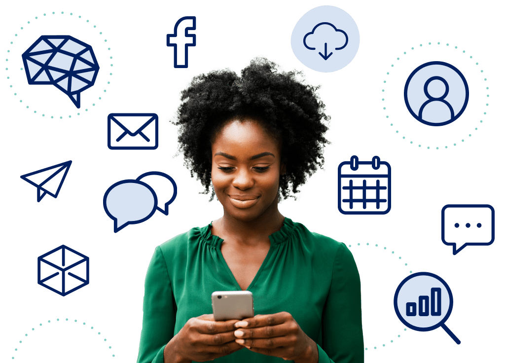 Photo of woman looking down at phone and smiling, surrounded by icons representing customer service and marketing