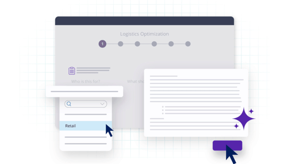 Stylized illustration of computer window with pop up boxes and a purple sparkle icon