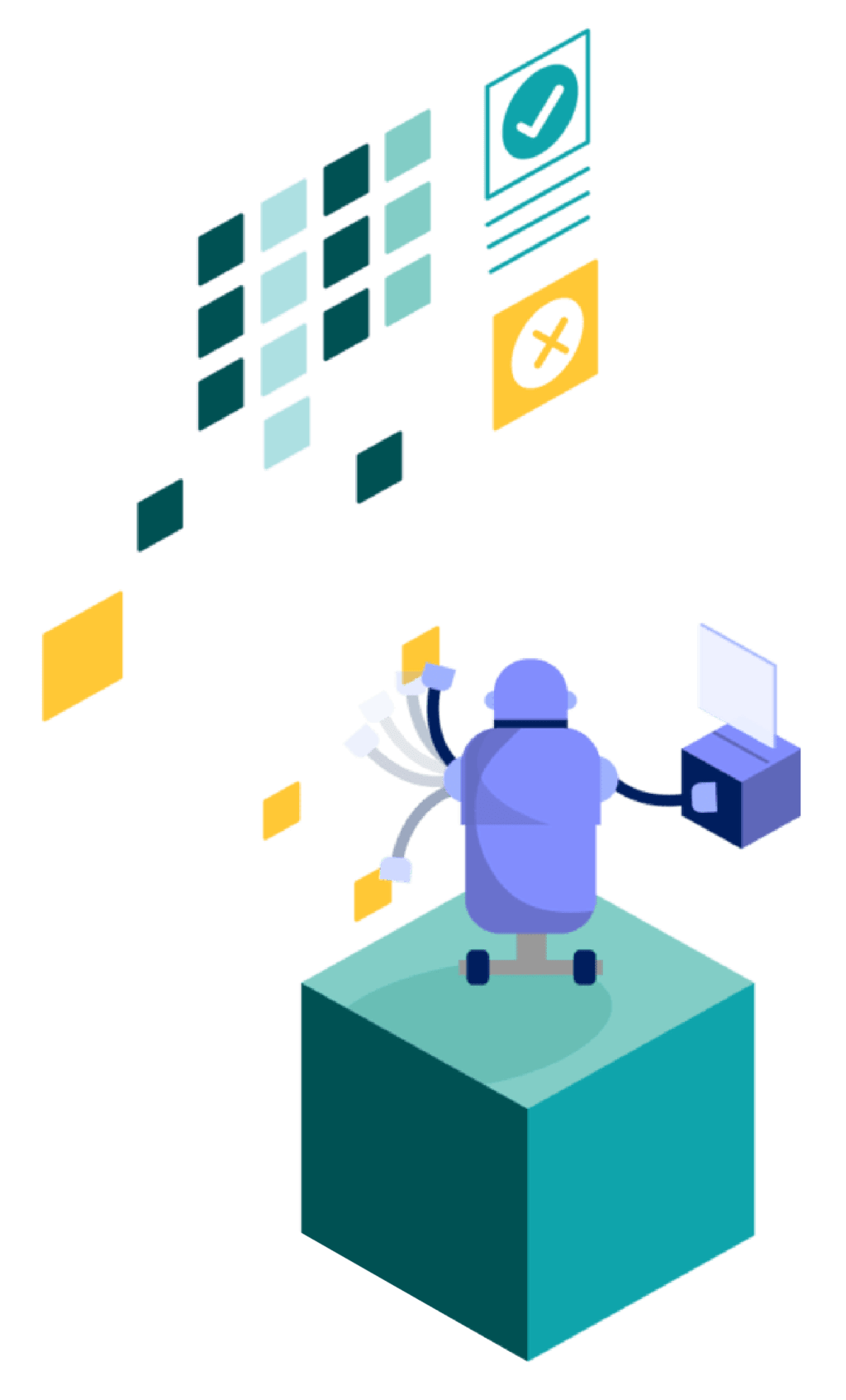 Illustration of robot standing on teal block looking up at stylized screen