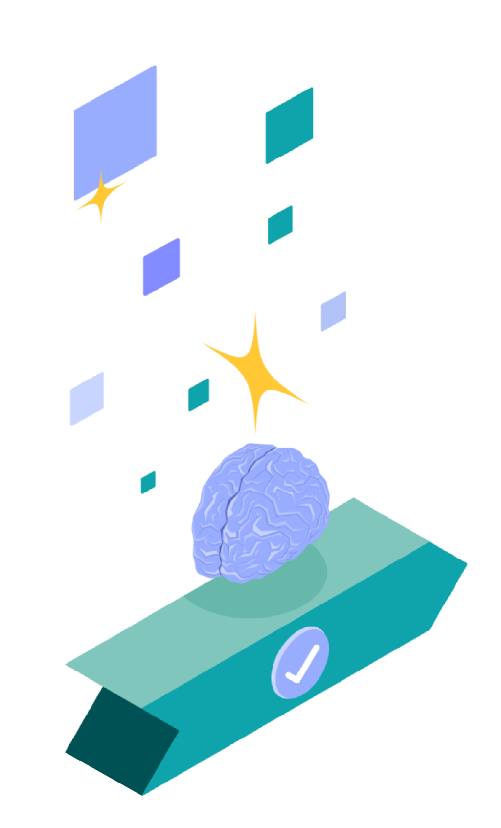 Illustration of a brain on top of an arrow with a checkmark icon as square shapes float above