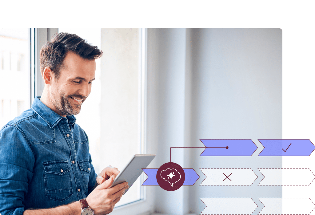Stylized stock image of a man with a tablet with an AI decision tree overlayed
