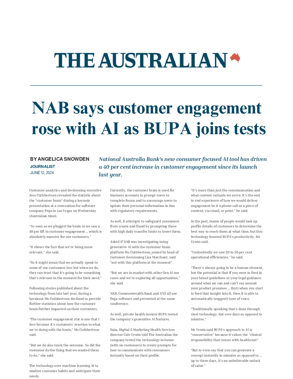 The Australian: NAB says customer engagement rose with AI as BUPA joins tests