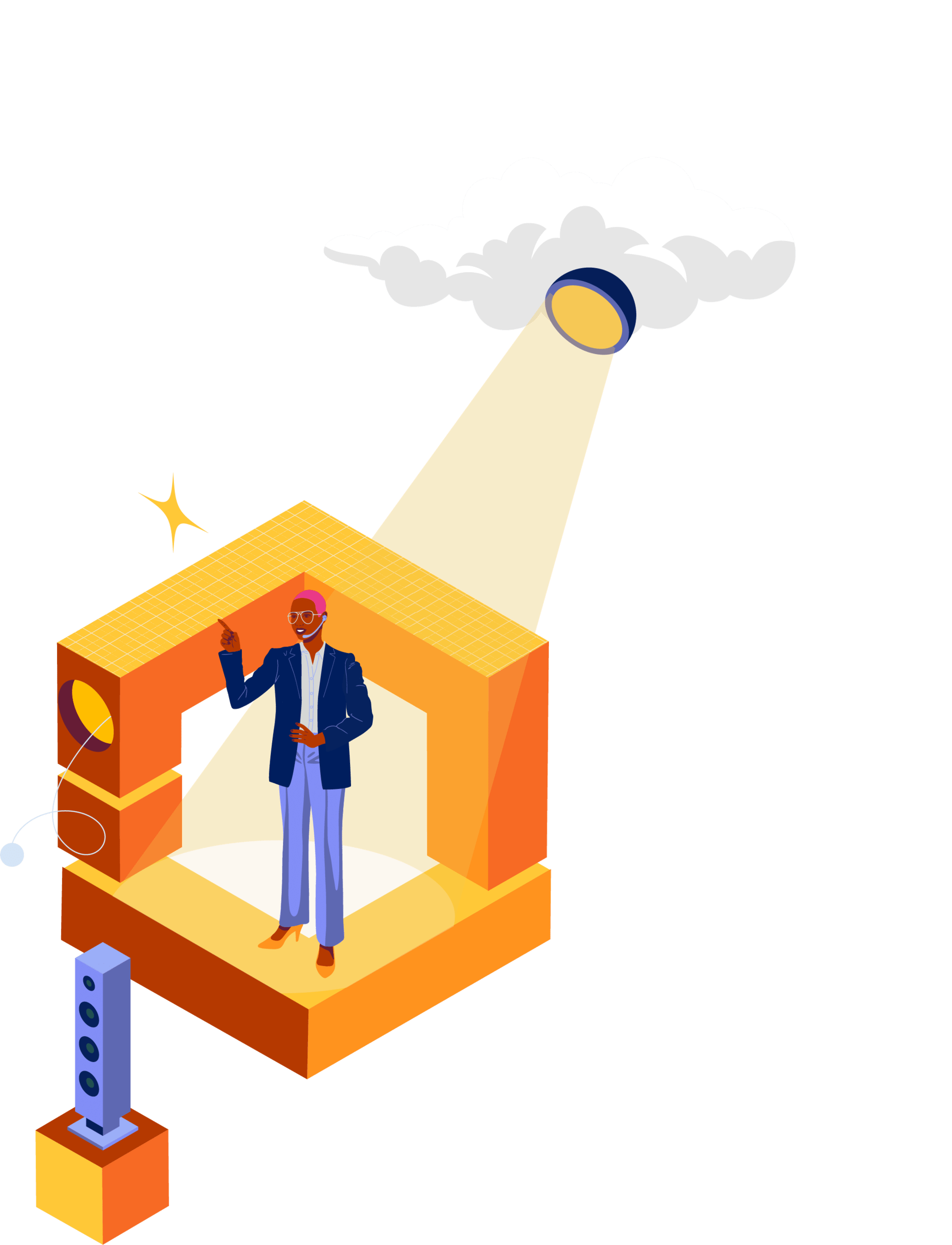 Illustration of person presenting at PegaWorld, standing in the spotlight on top of yellow blocks