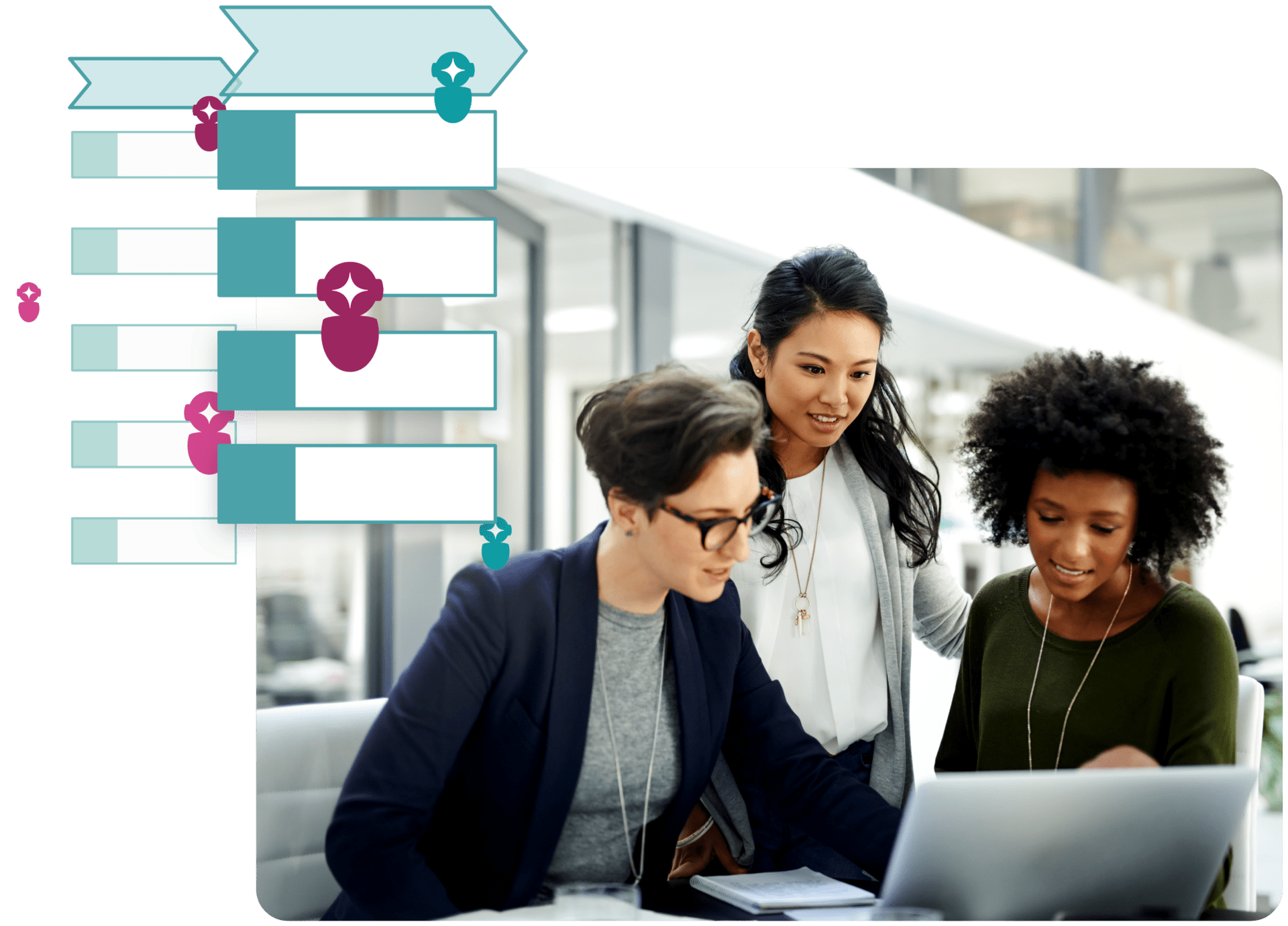 Stylized photo of three women looking at laptop with UI overlay on top