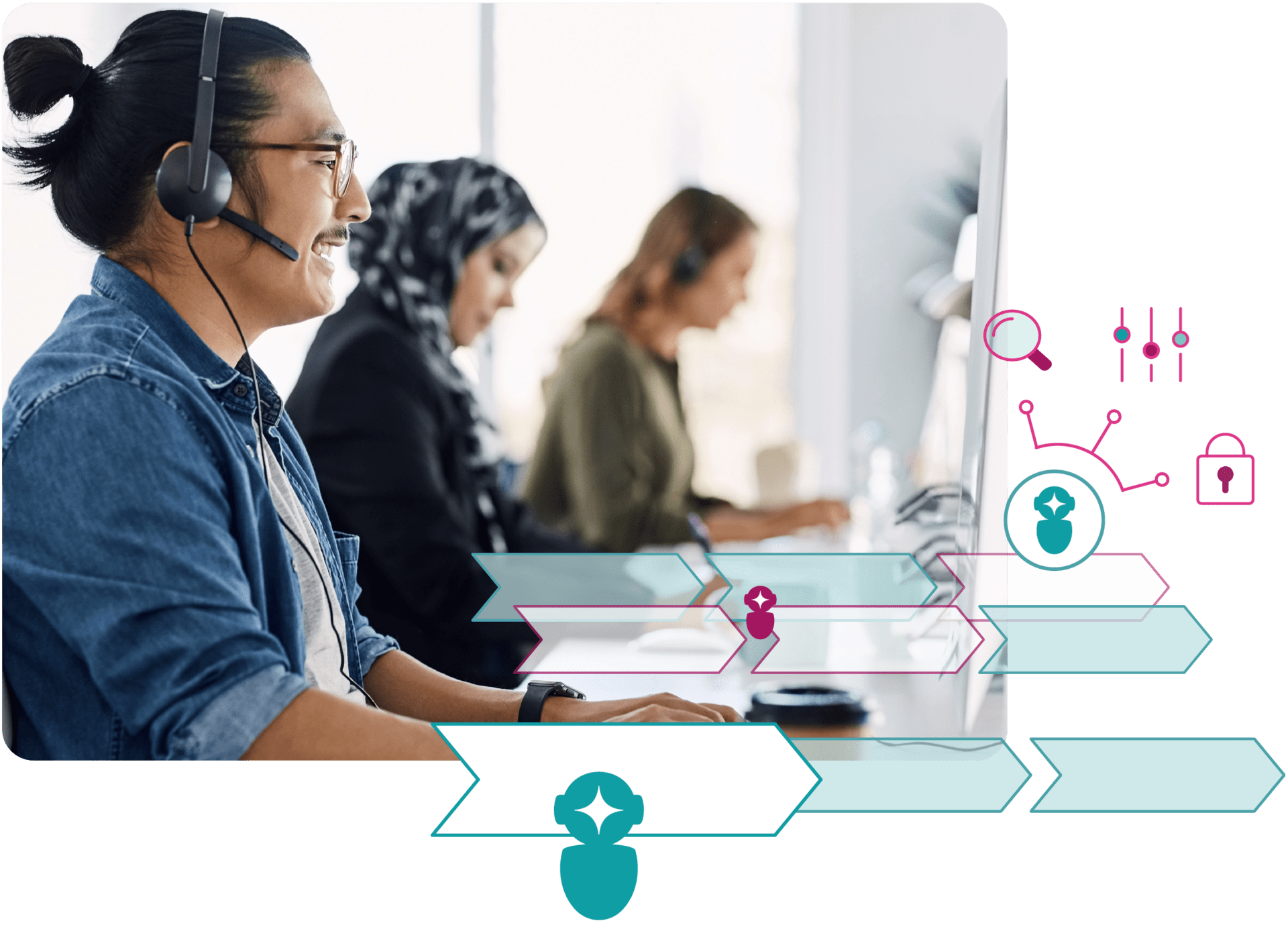 Stylized photo of a call center with three agents on a call at their desks