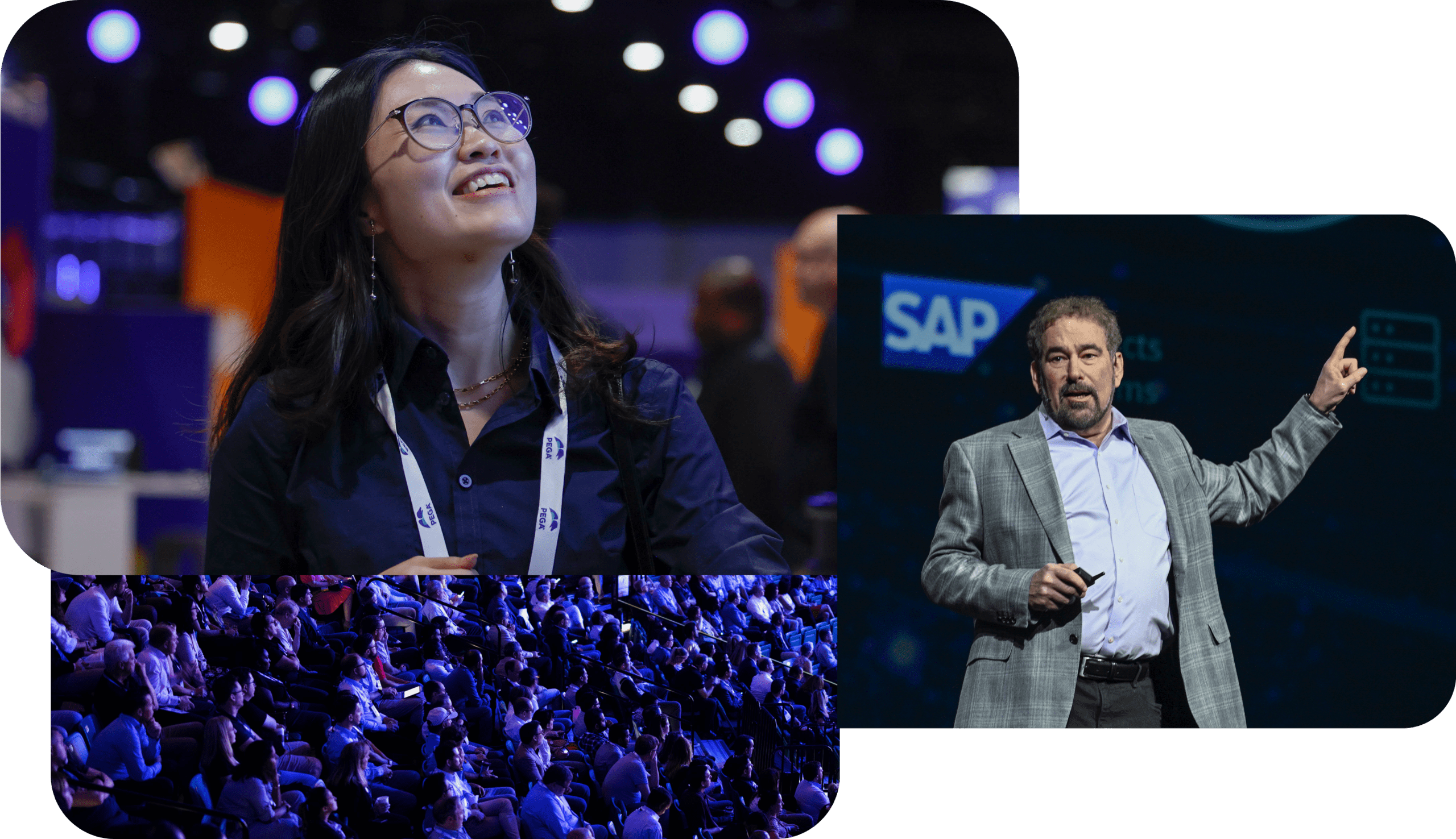 Overlapping photos of PegaWorld, one with a female attendee, and one with Alan Trefler presenting a keynote