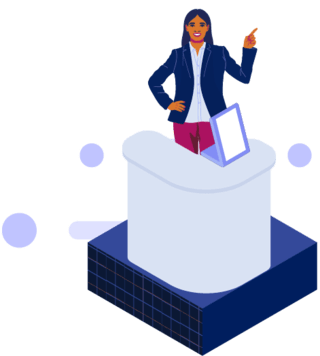 Stylized illustration of woman standing at conference reception booth with tablet