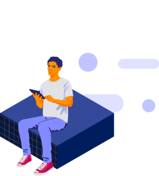 Stylized illustration of man sitting on navy cube holding a tablet