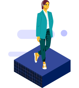 Stylized illustration of woman with headset standing on blue cude