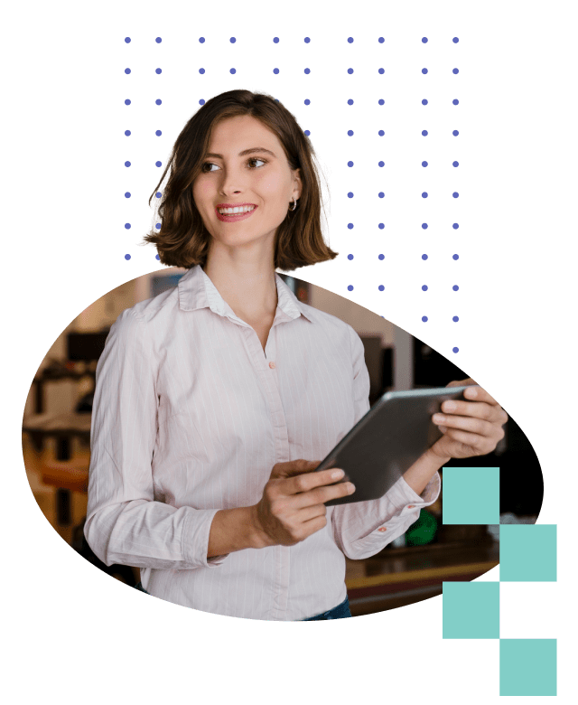 Stylized stock image of a woman holding a tablet