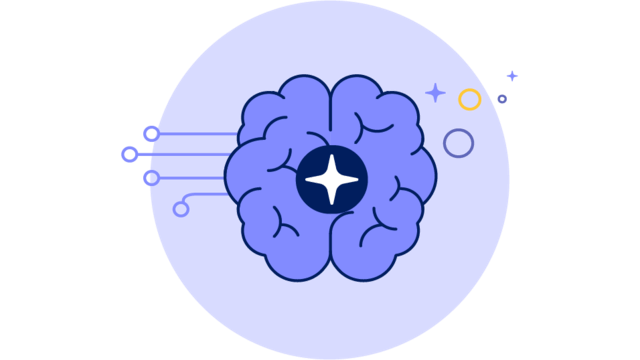 Stylized illustration of a brain with a sparkle icon on top of it inside a blue circle