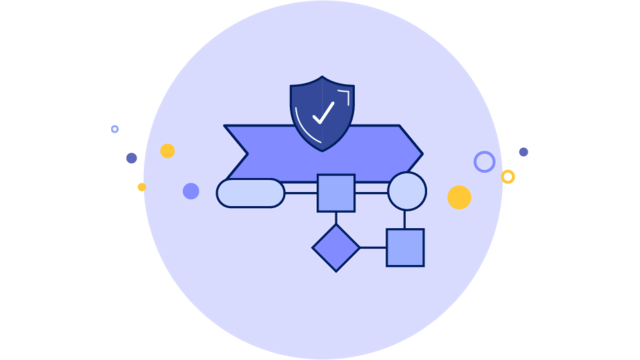 Stylized illustration of a flow chart with a shield icon on top inside a blue circle