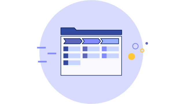 Stylized illustration of a window containing a case flow chart inside a blue circle